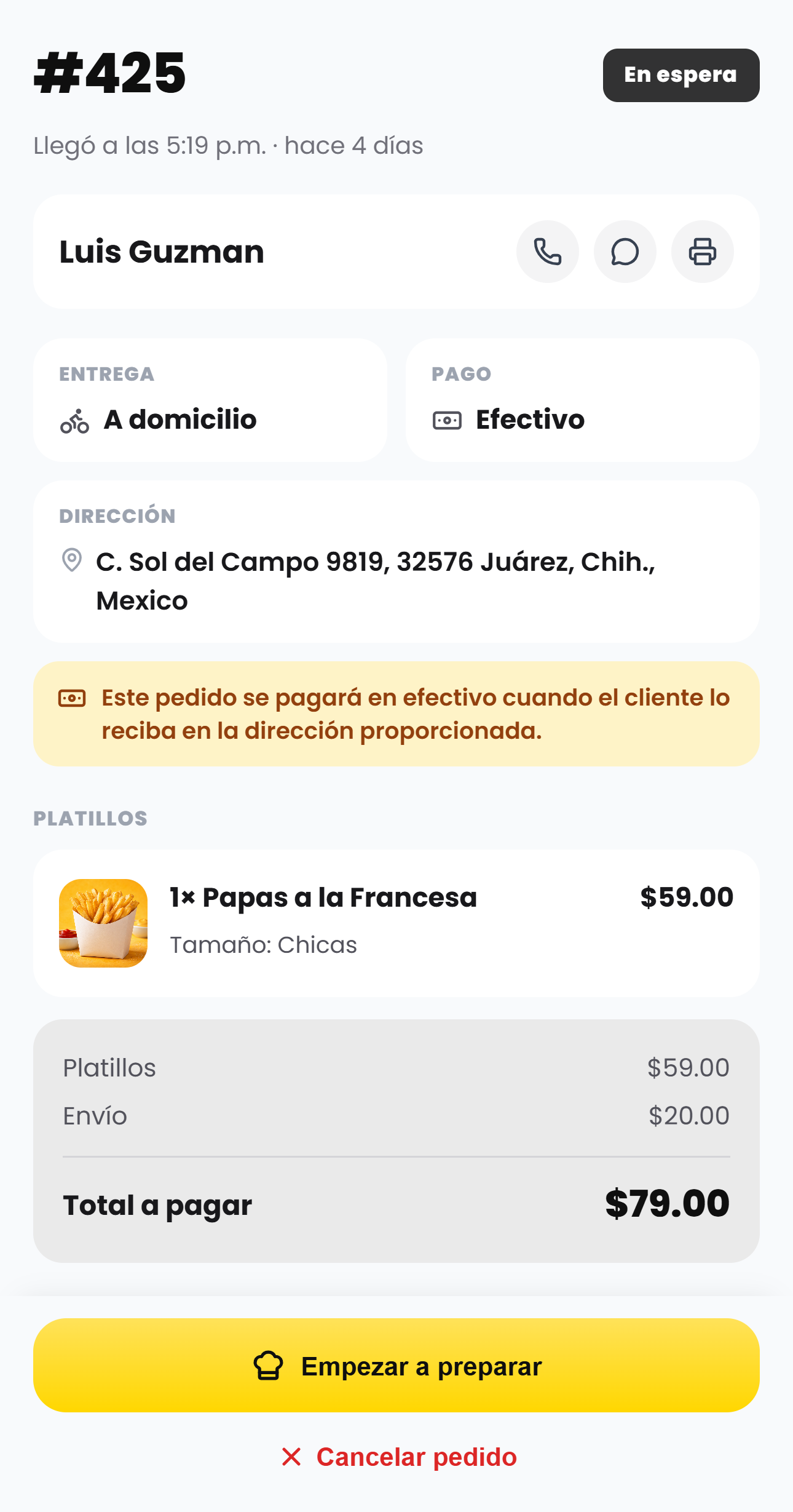 Panel de pedidos real de enCorto Food